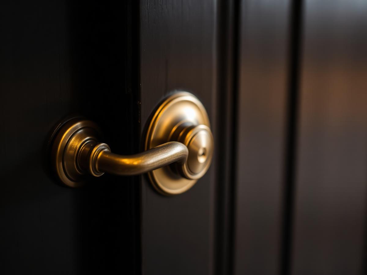 Aged brass door handle on a dark door